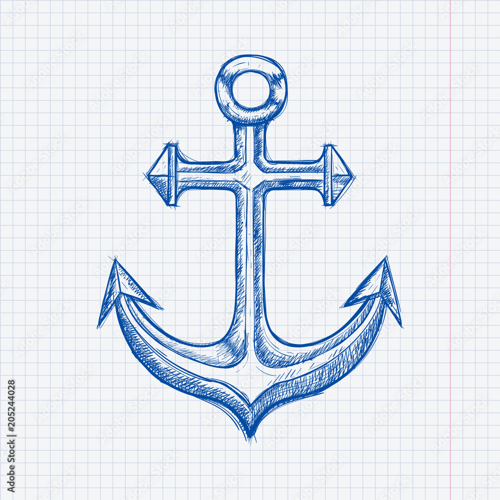 Anchor. Blue hand drawn sketch on lined paper background Anchor. Blue hand drawn sketch on lined paper background
