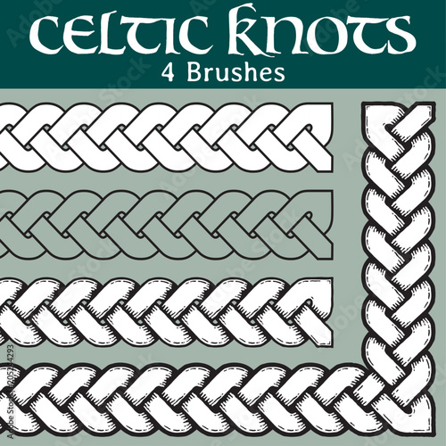 Celtic knots brushes. 4 different versions of a brush: with white filling, without filling, with shadows and with a black background. All brushes include outer and inner corner tiles.