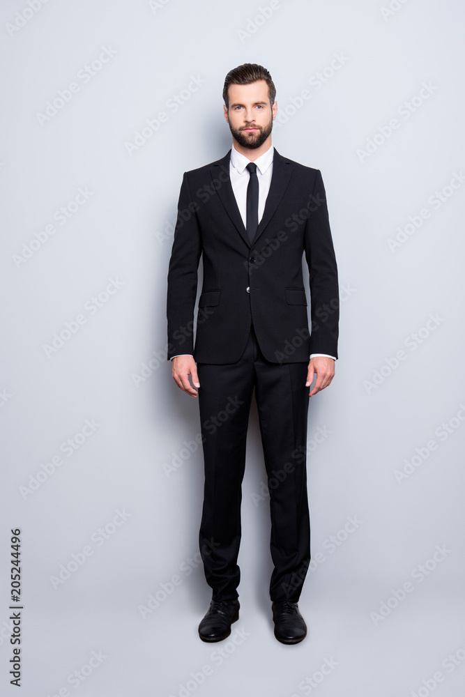 Full size fullbody portrait of concentrated strict business person with  modern hairstyle and elegant outfit, wearing black suit with tie looking at  camera, isolated on grey background Stock Photo