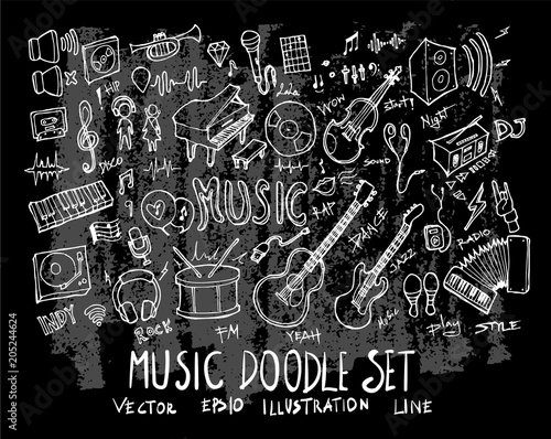 Hand drawn Sketch doodle vector line Music element icon set on Chalkboard eps10