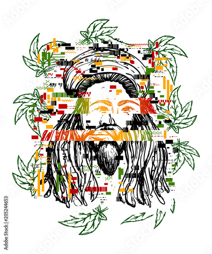 Glitch tattoo.Portrait of rastaman with cannabis leaves and pixel noise. Hand drawn grunge style art. Concept design for banner, card, t-shirt, print, poster.Vector illlustration