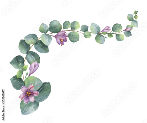 Watercolor vector wreath with green eucalyptus leaves, purple flowers and branches.