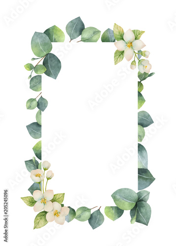 Watercolor vector frame with green eucalyptus leaves, Jasmine flowers and branches.
