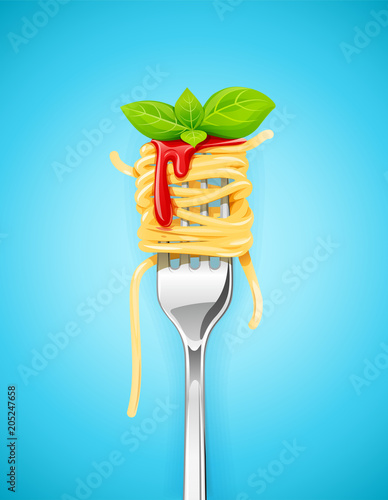 Spaghetti at fork with basil and sauce. Pasta. Organic meal.