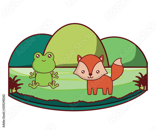 cute frog and fox on landscape  over white background, colorful design. vector illustration
