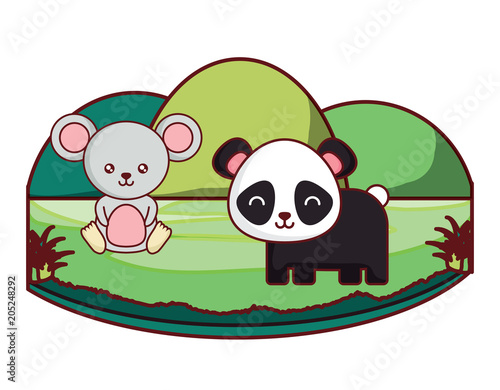 cute panda bear and mouse on the grass over white background  colorful design. vector illustration