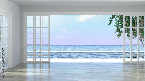Luxury empty room interior villa with wooden floor, aerial sea view 3d illustration summer holiday