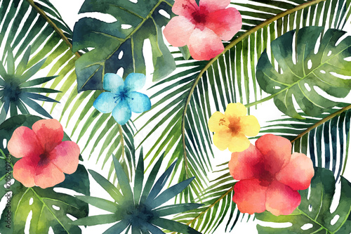Watercolor vector banner tropical leaves and branches isolated on white background. © ElenaMedvedeva