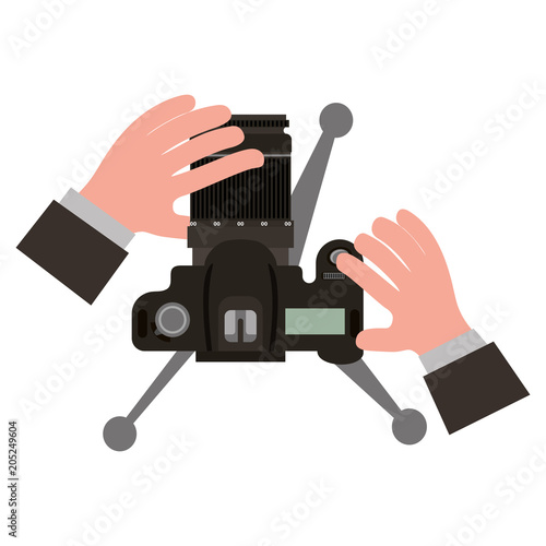 hands holding camera in tripod top view vector illustration