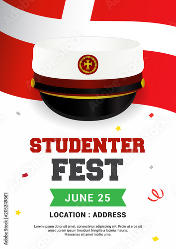 Studenterfest (Danish Translation: student party) poster Vector illustration. Graduation cap on Danish flag.