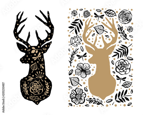 Silhouette of deer in the flower pattern. Hand drawn design elements. Black and white vector illustration. Nursery scandinavian art.