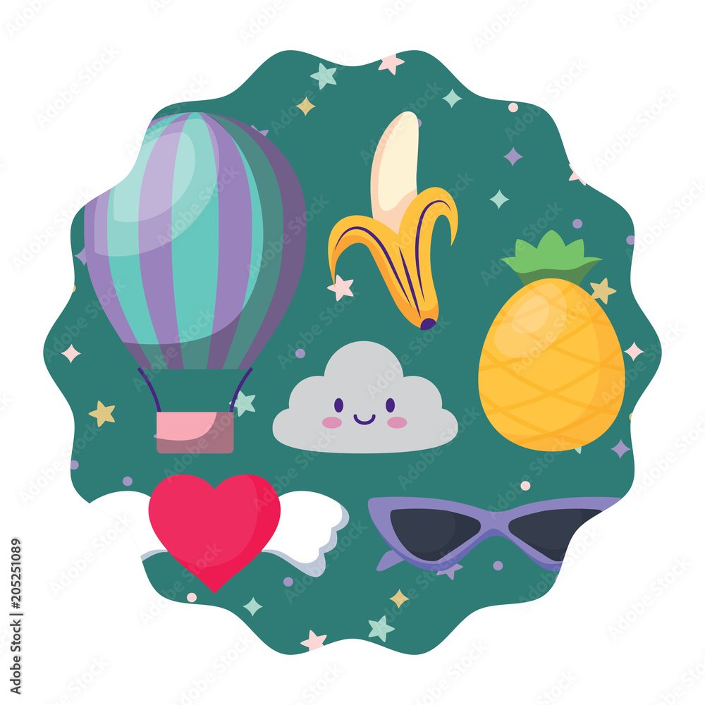 Naklejka premium circular frame with kawaii clouds and fruits pattern over white background, vector illustration