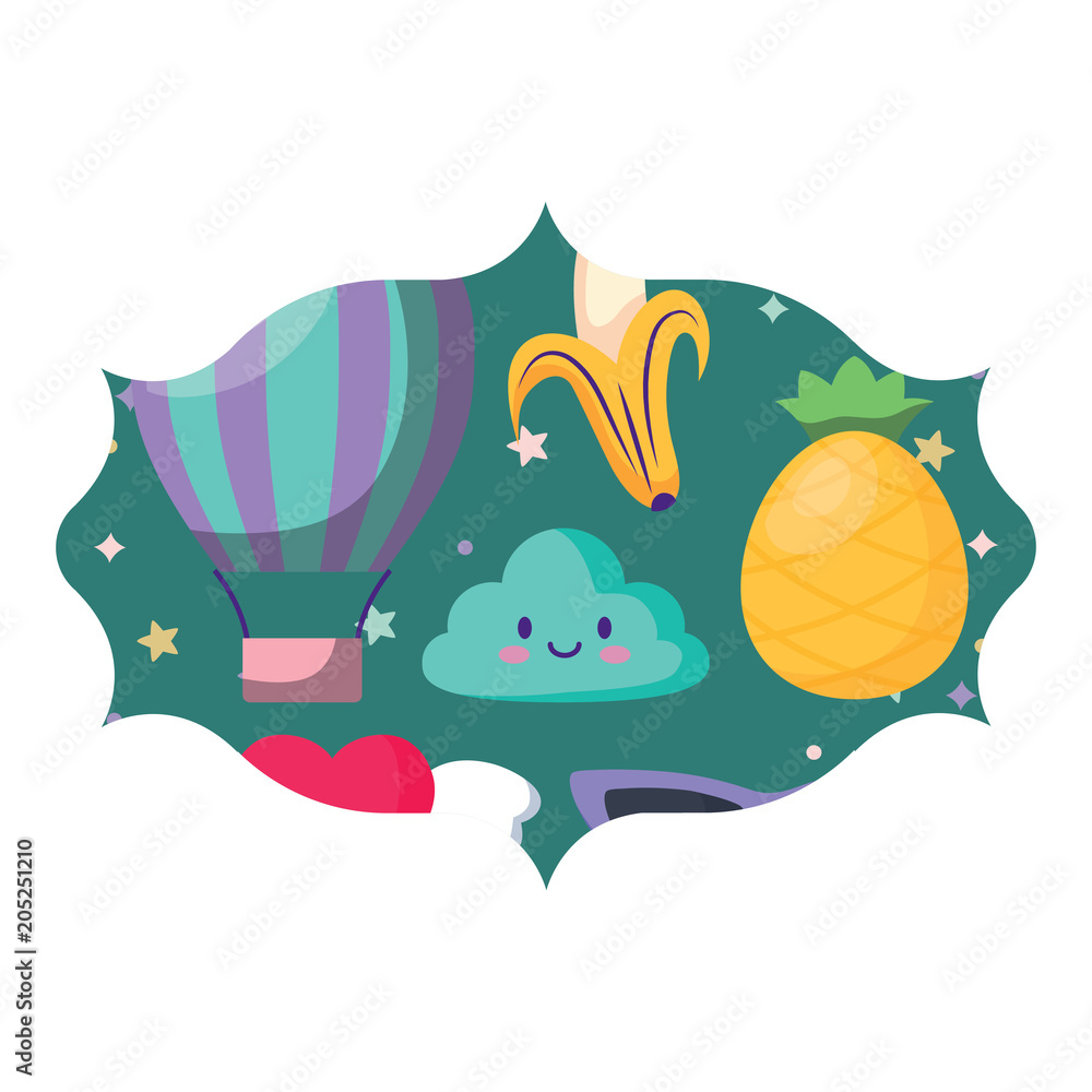 Fototapeta premium arabic frame with kawaii clouds and fruits pattern over white background, vector illustration