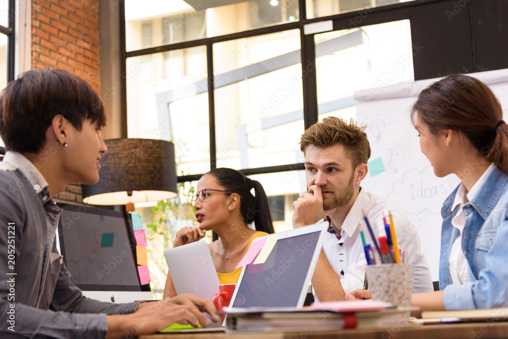 Multi ethnic business person group in casual suit discuss about internal meeting project in modern office. Project and Business concept. Multi ethnic business person group in casual suit discuss about internal meeting project in modern office. Project and Business concept.