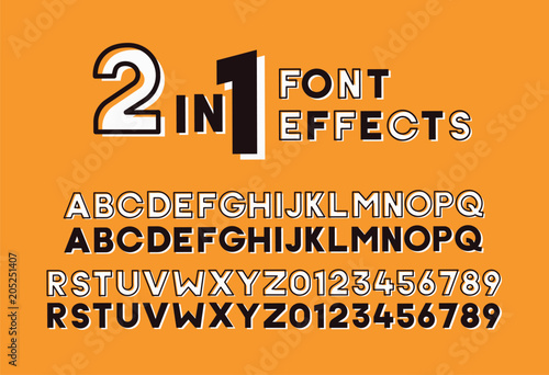 2 in 1 font effects. Set of two sans serif alphabet graphic styles. Outline and bold shadow. Vector design screen printing poster vintage retro style. Great for headlines, titles, display.
