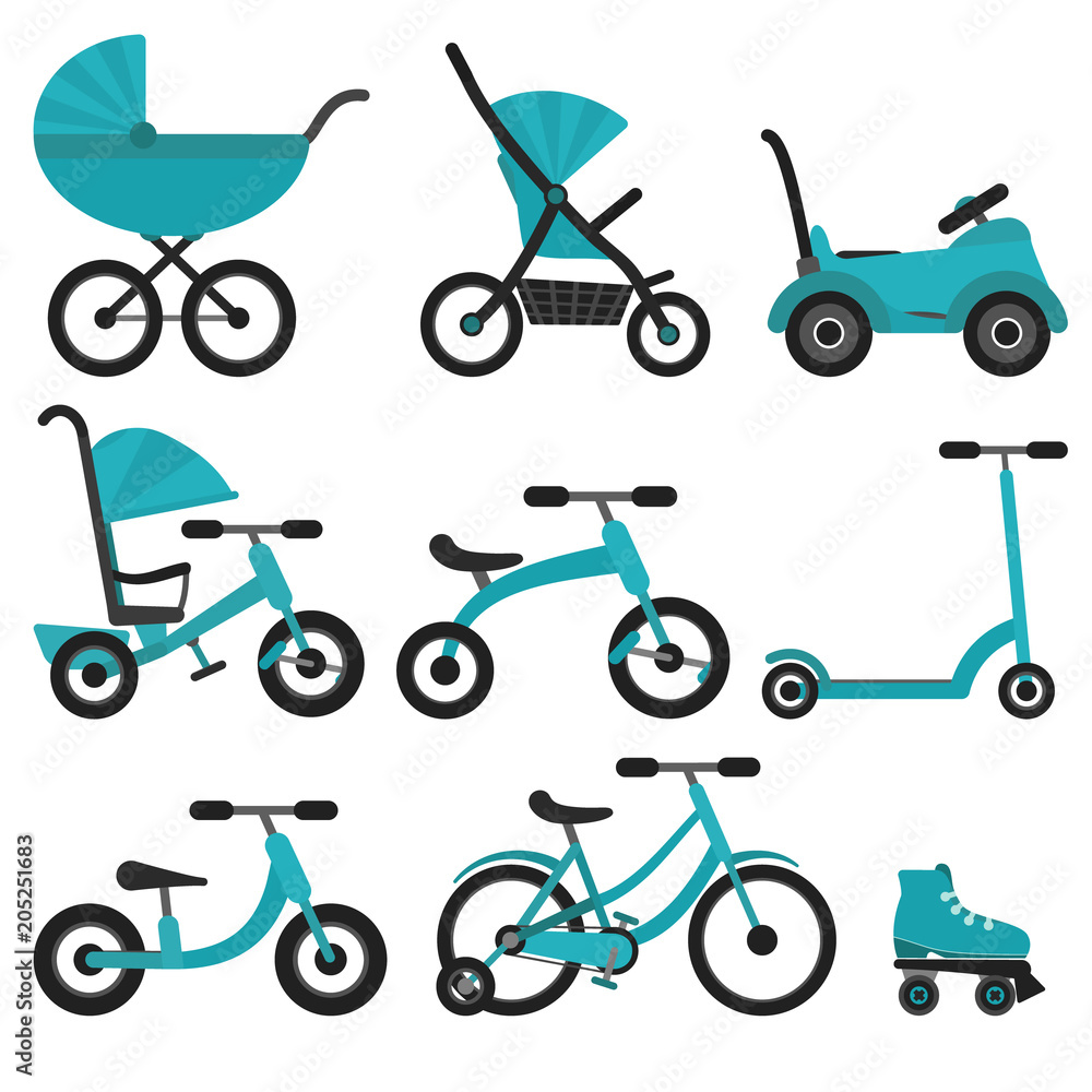 Flat bright blue baby transport set for kids since birth till school. Colorful turquoise vector children transport as stroller, balance bike for package design, stickers, educational apps and books Flat bright blue baby transport set for kids since birth till school. Colorful turquoise vector children transport as stroller, balance bike for package design, stickers, educational apps and books