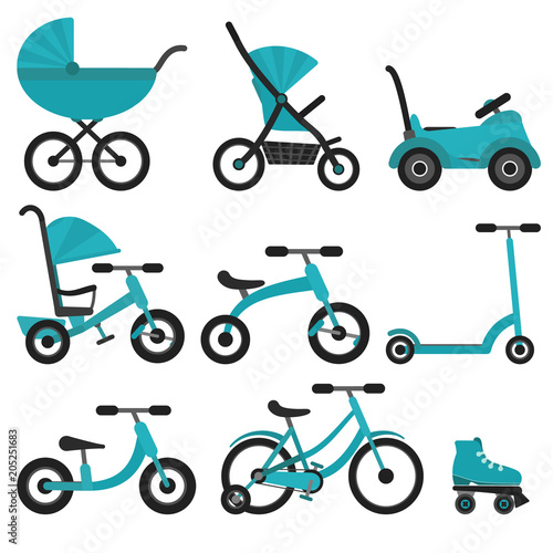 Flat bright blue baby transport set for kids since birth till school. Colorful turquoise vector children transport as stroller, balance bike for package design, stickers, educational apps and books photo