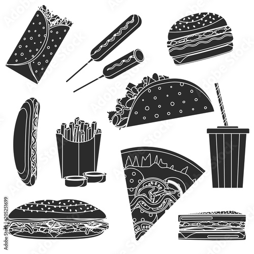 Monochrome black vector fast food symbols set made in negative space technique. Minimalistic flat fastfood icons for restaurant or cafe menu, advertising design, banners, stickers