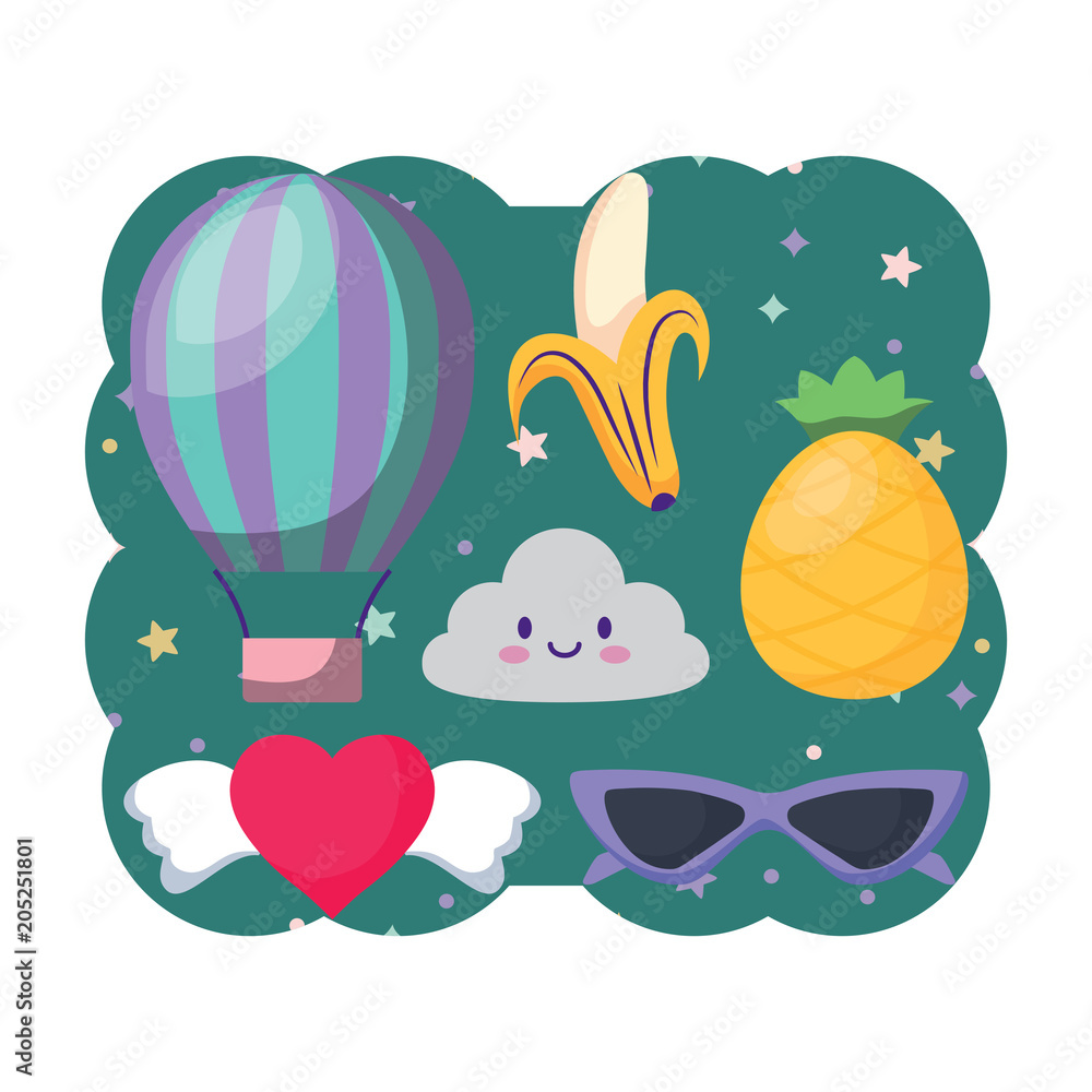 Fototapeta premium decorative frame with kawaii clouds and fruits pattern over white background, vector illustration