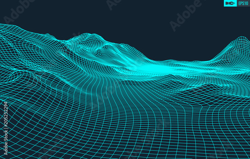 Abstract vector landscape background. Cyberspace grid. 3d technology vector illustration.