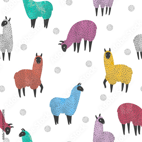 Seamless pattern with cute watercolor colorful llama. Vector background with lamas.
