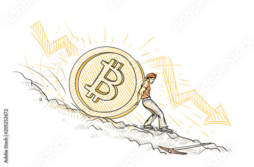 Miner trying to hold big bitcoin coin from falling down conceptual sketch. Vector. 