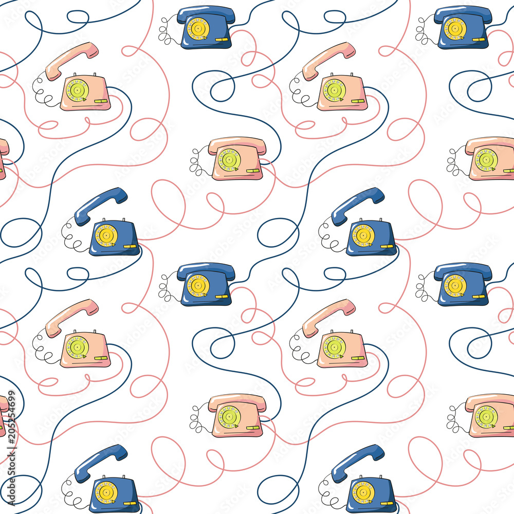 seamless pattern with pink and blue vintage telephones. Old retro phone in  cartoon style. Blue, pink, red colors. Phone connecting wires Stock  Illustration | Adobe Stock