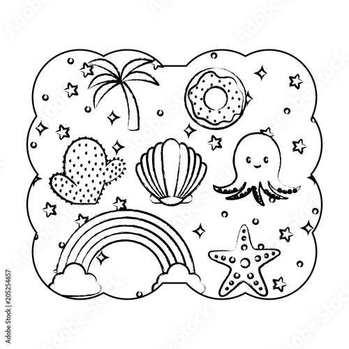 decorative frame with cute octopus and related icons pattern over white background, vector illustration