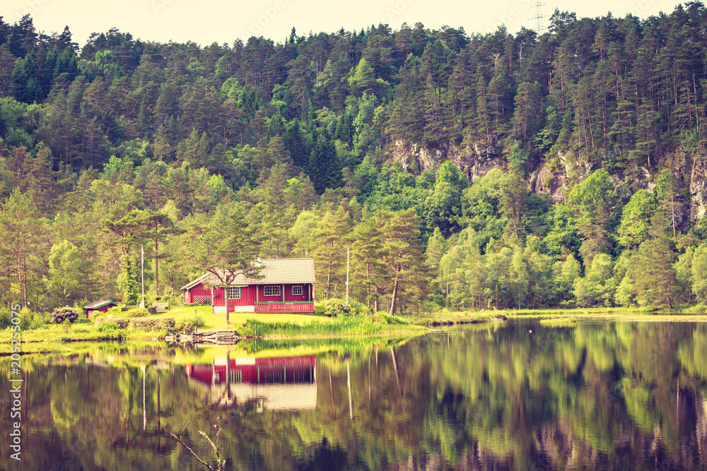 Obraz premium wooden cabin in forest on lake shore, Norway