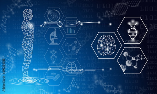 abstract background technology concept in blue light,brain and human body heal ,technology modern medical science in future and global international medical with tests analysis clone DNA human