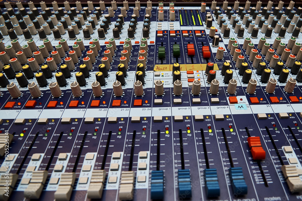 Professional sound control panel close-up.