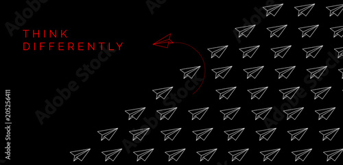 Think differently concept. Red paper plane changing direction