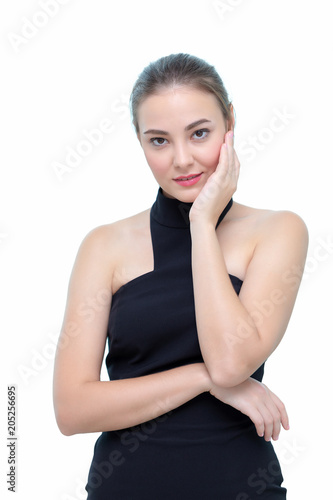 Portrait of young beautiful woman isolated on white background.