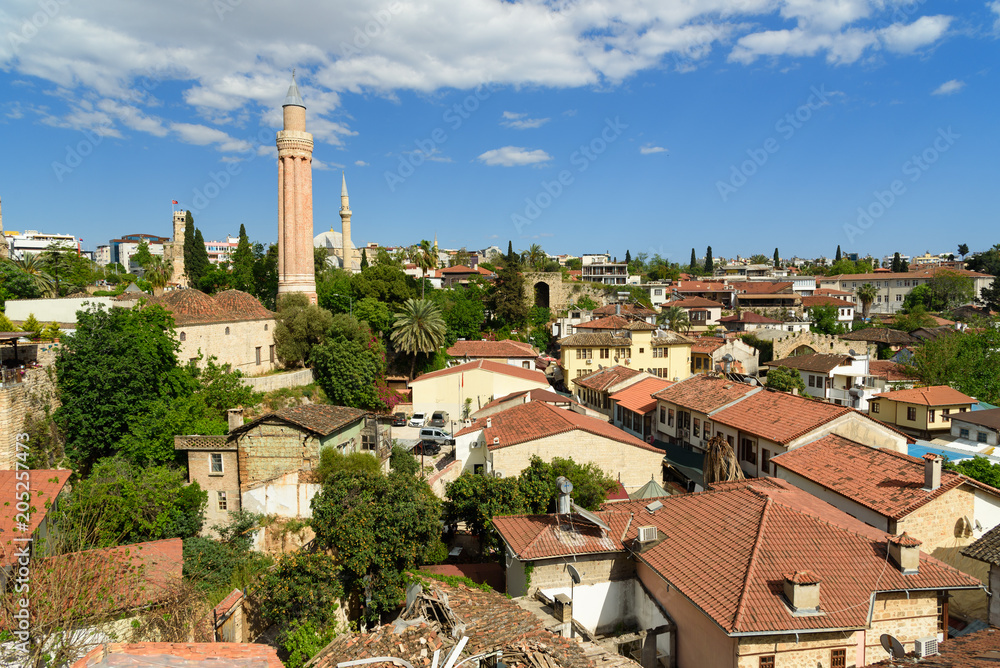 View on the roofs of Old city Kaleici and Yivli Minare Mosque. Antalya. Turkey