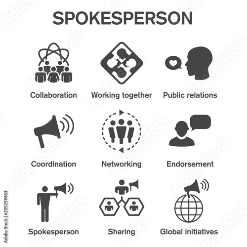 Spokesperson icon set - bullhorn, coordination, pr, and public relations person set