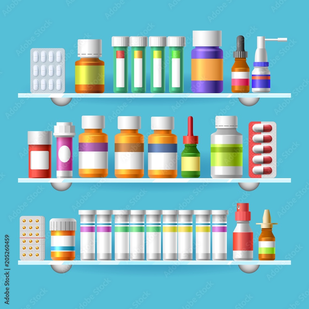 Free Vector  Flat drug shelves in pharmacy shop. medicine bottle with  pills and liquid, capsules, vitamins, tablets in blister pack on shelf in  drugstore. pharmaceutics, healthcare and medical treatment concept.