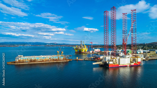 Oil rigs under maintenance near Bergen, Norway.