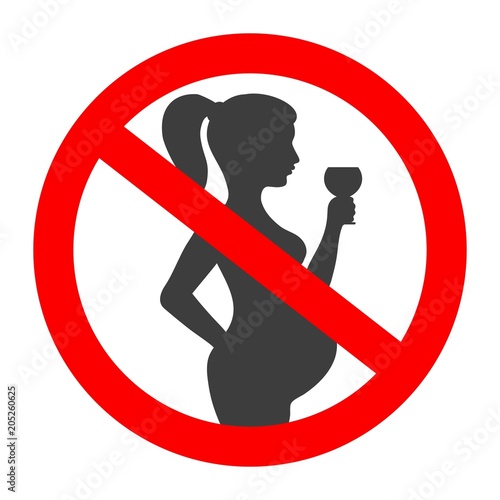 Pregnant no drinking alcohol. No alcoholic drink on pregnancy period vector sign with pregnant woman silhouette