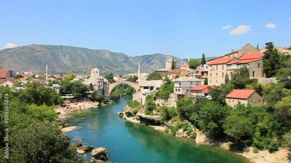 Zooming Out from Stari Most Bridge in Bosnia Zooming Out from Stari Most Bridge in Bosnia