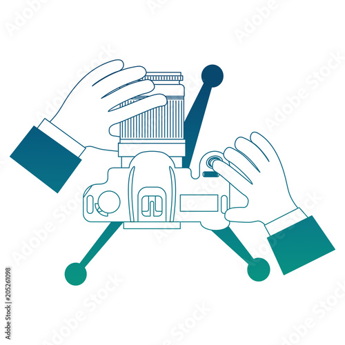 hands holding camera in tripod top view vector illustration neon blue