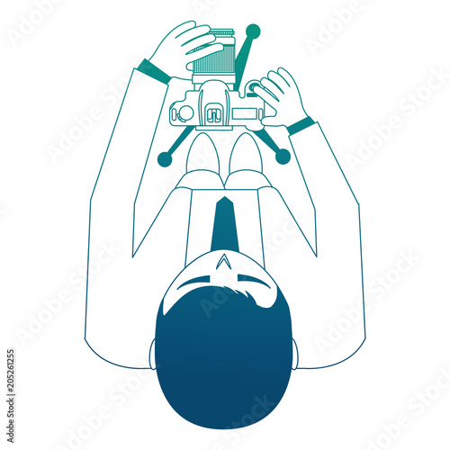 photographer holding camera taking picture top view vector illustration neon blue