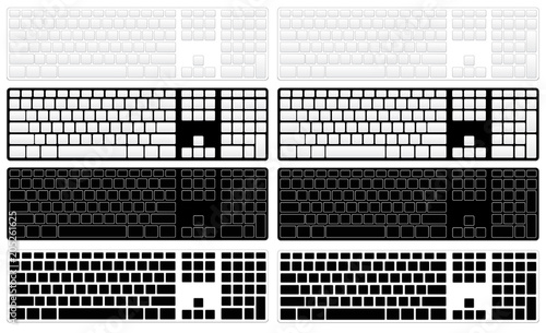 Computer keyboard options without letters and symbols in black and white colors for apple and microsoft.