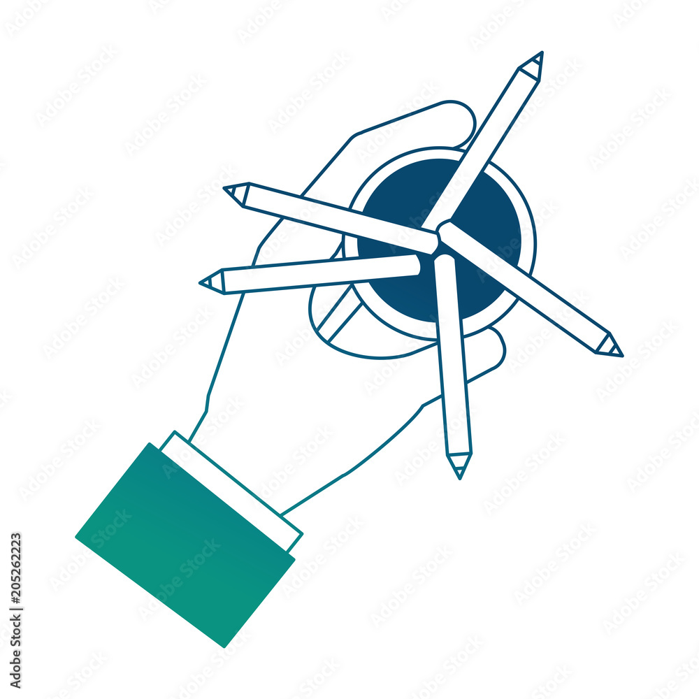 hand holding pencil color in case vector illustration neon blue