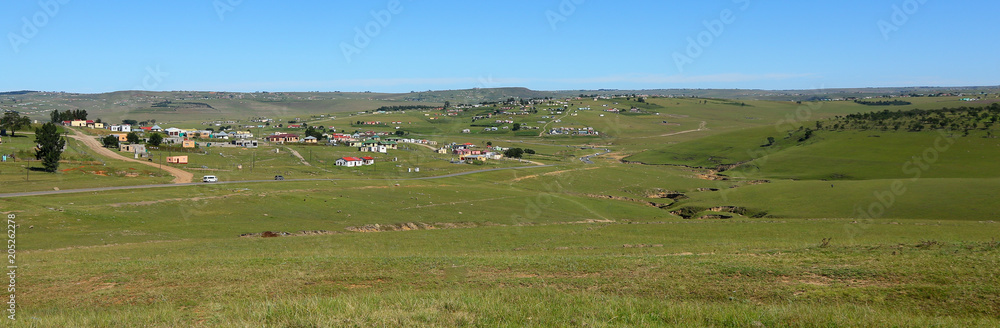 Panoramic view of rural habitat and traditional way of life in the Eastern Cape region of South Africa on the Wild Coast