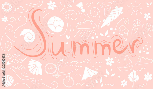 the inscription summer background pattern with Bicycle, ball, flourishes, skateboard, shells and flowers.