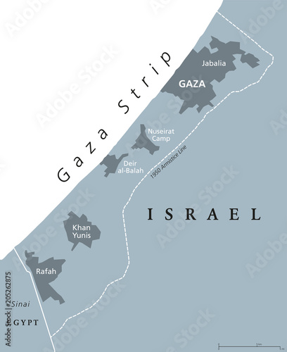 Gaza Strip political map. Self governing Palestinian territory on coast of Mediterranean Sea. Borders to Israel and Egypt. Claimed by State of Palestine. English labeling. Gray illustration. Vector. photo