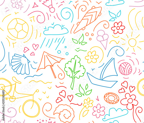 background with bike, ball, thrives, skateboard, shells and flowers.