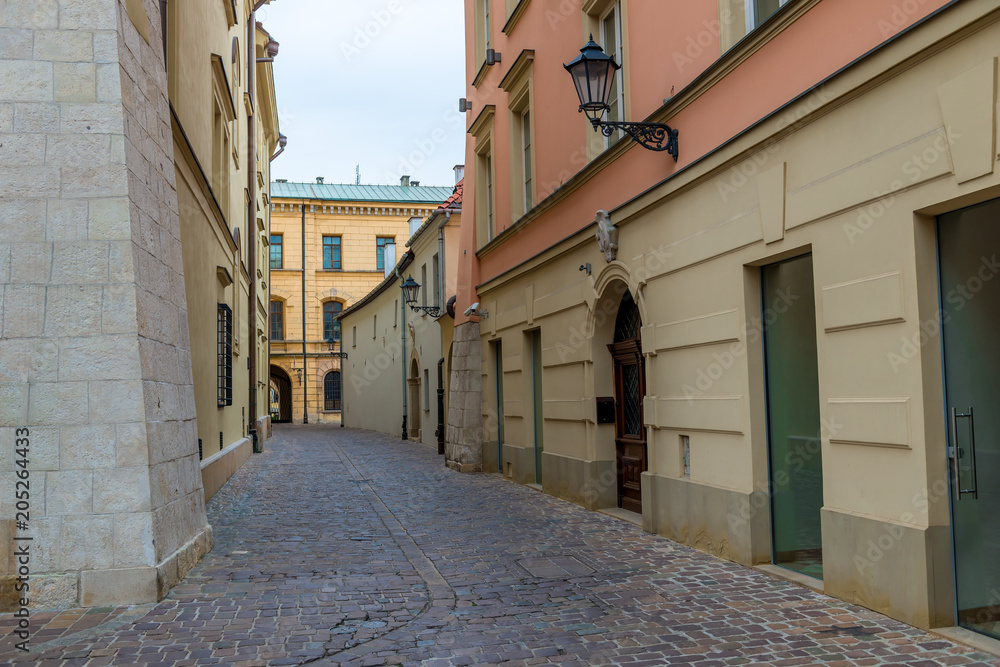 empty street of the old European city, covered with paving stones