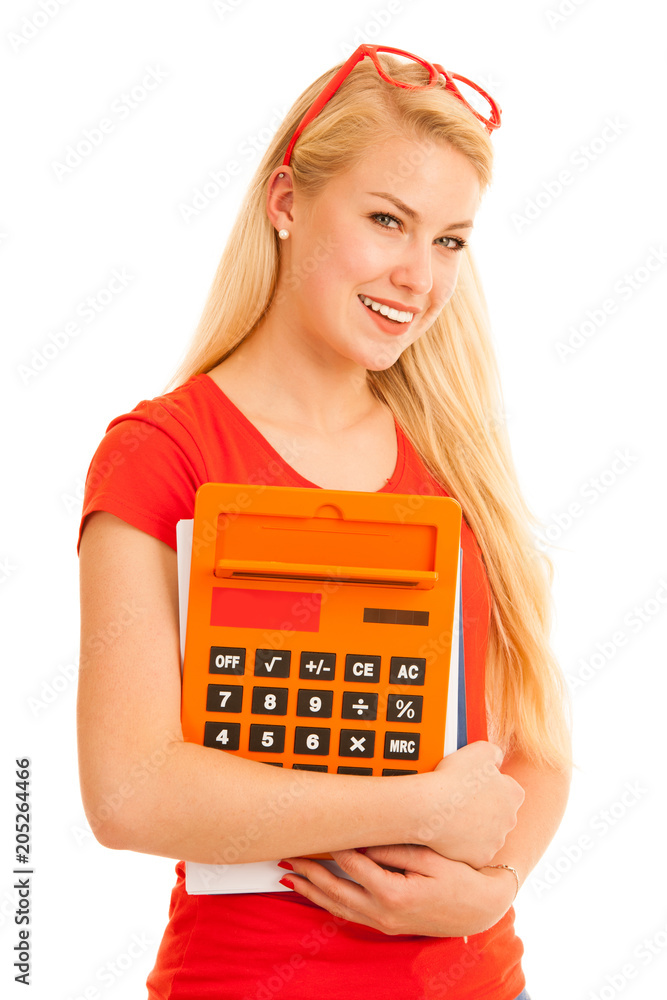 Happy blonde student with calculator isolated over white background Happy blonde student with calculator isolated over white background