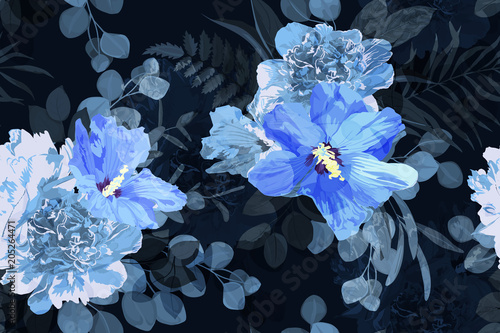 Floral summer seamless pattern with peony, hibiscus, eucalyptus and fern. Vec...